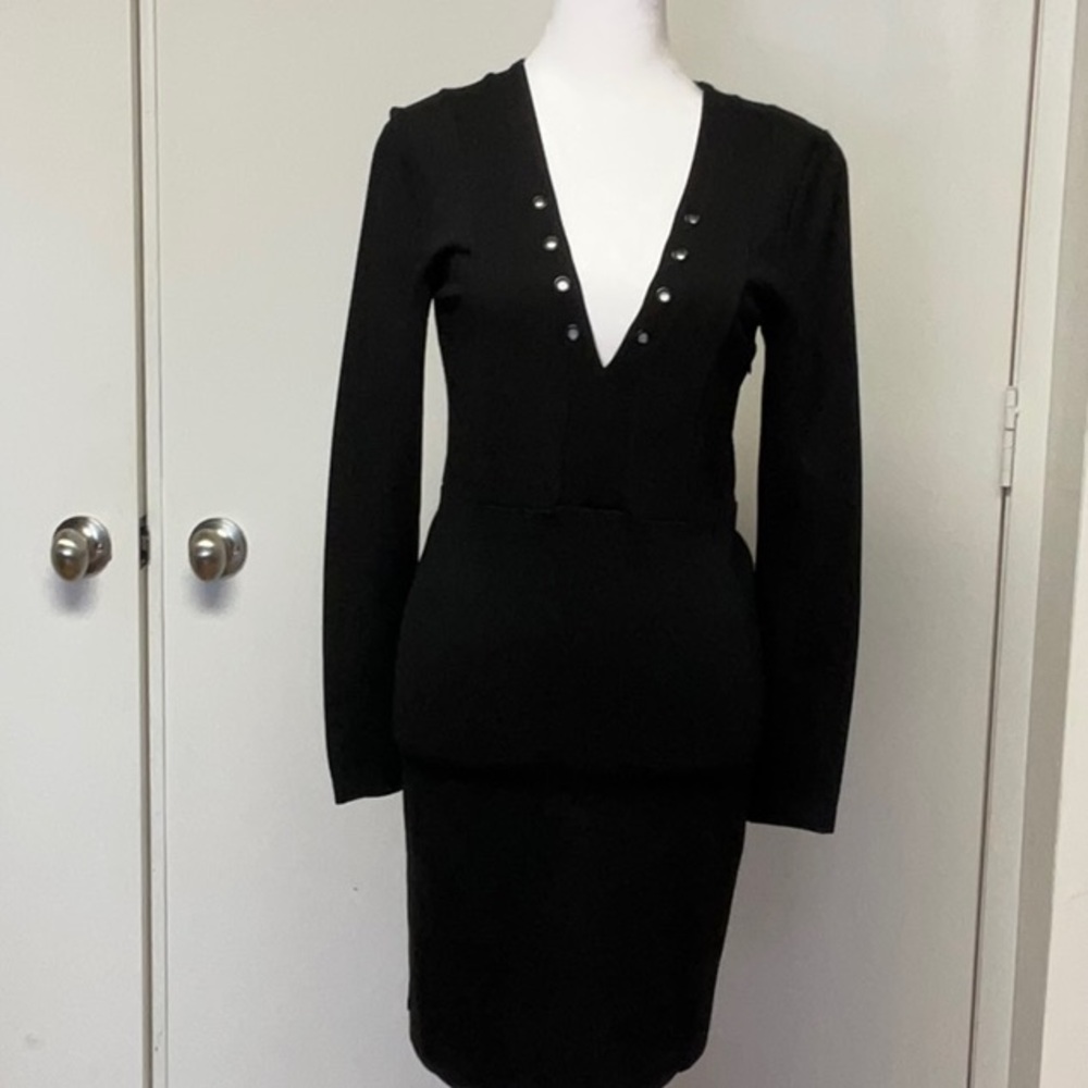 French Connection Deep V Black Dress with Lace up